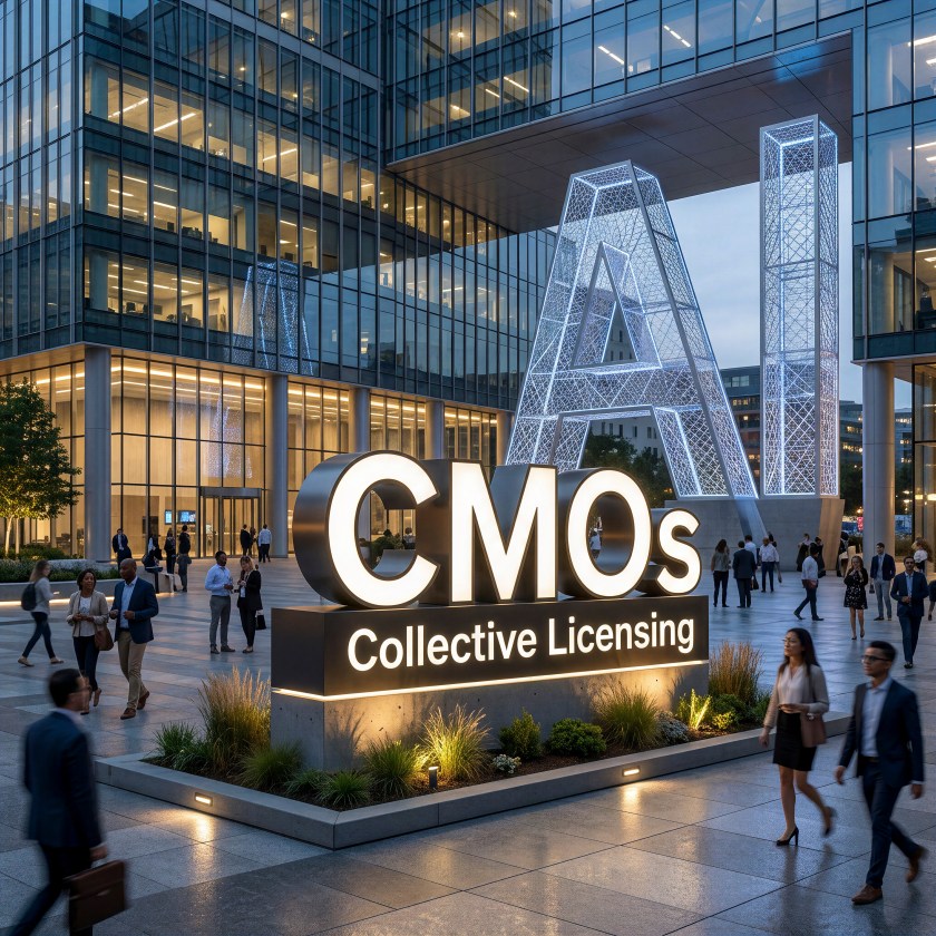 Illuminated sign reading 'CMOs Collective Licensing' in a modern urban setting with people walking in the foreground and a large decorative 'AI' structure in the background.